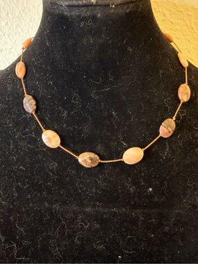 Peach & Beige Jasper Natural Stone Hand Knotted Necklace w/ 925 clasp
